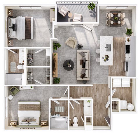 A top-down view of a modern apartment layout with a kitchen, living room, and bedroom.
